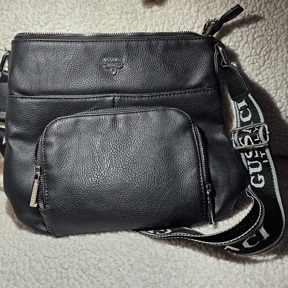 Gussaci Handbags - Gussaci Italy Black Pebbled Leather Crossbody – Logo Strap, Zip Pockets